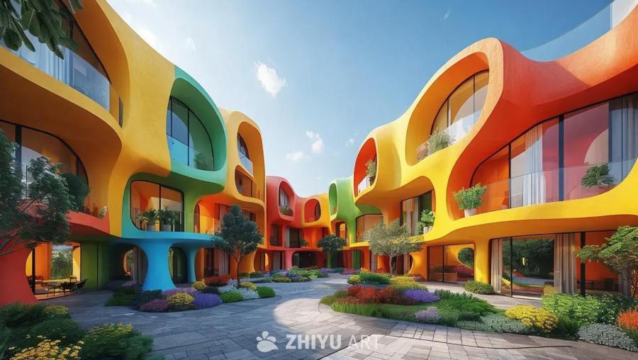色彩鲜艳的住宅建筑群呈现在晴朗的天空下。建筑采用有