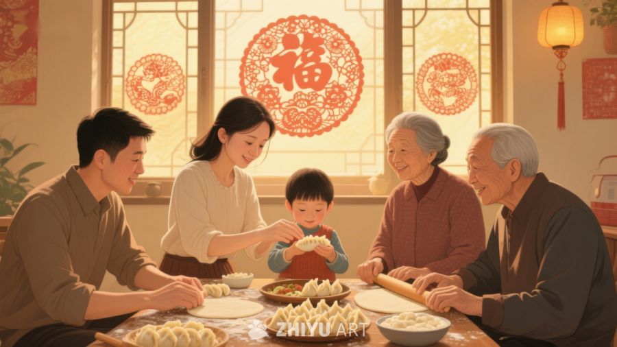 家庭围坐包饺子，温馨共度节日时光 66
