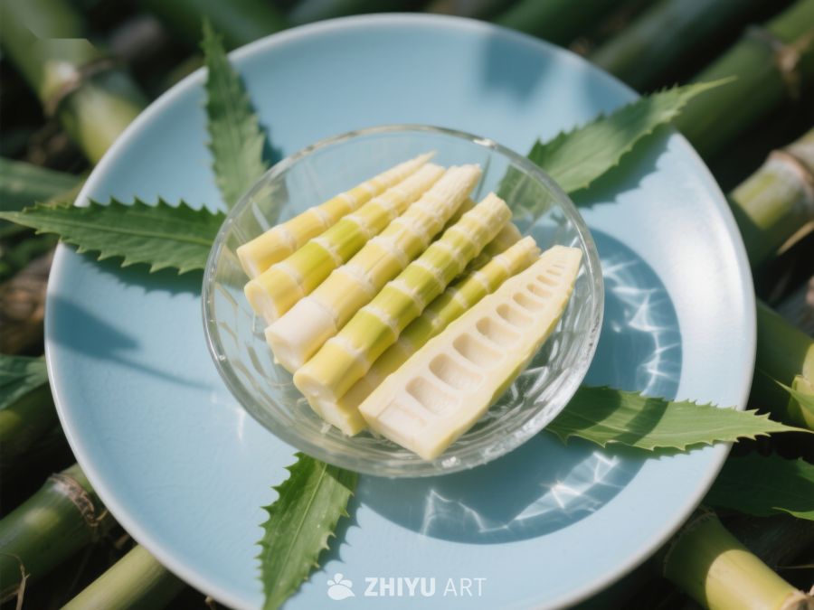 新鲜竹笋切片置于蓝盘中 571
