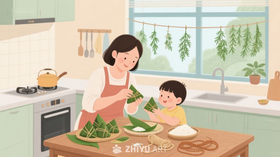母子厨房包粽子温馨场景 359