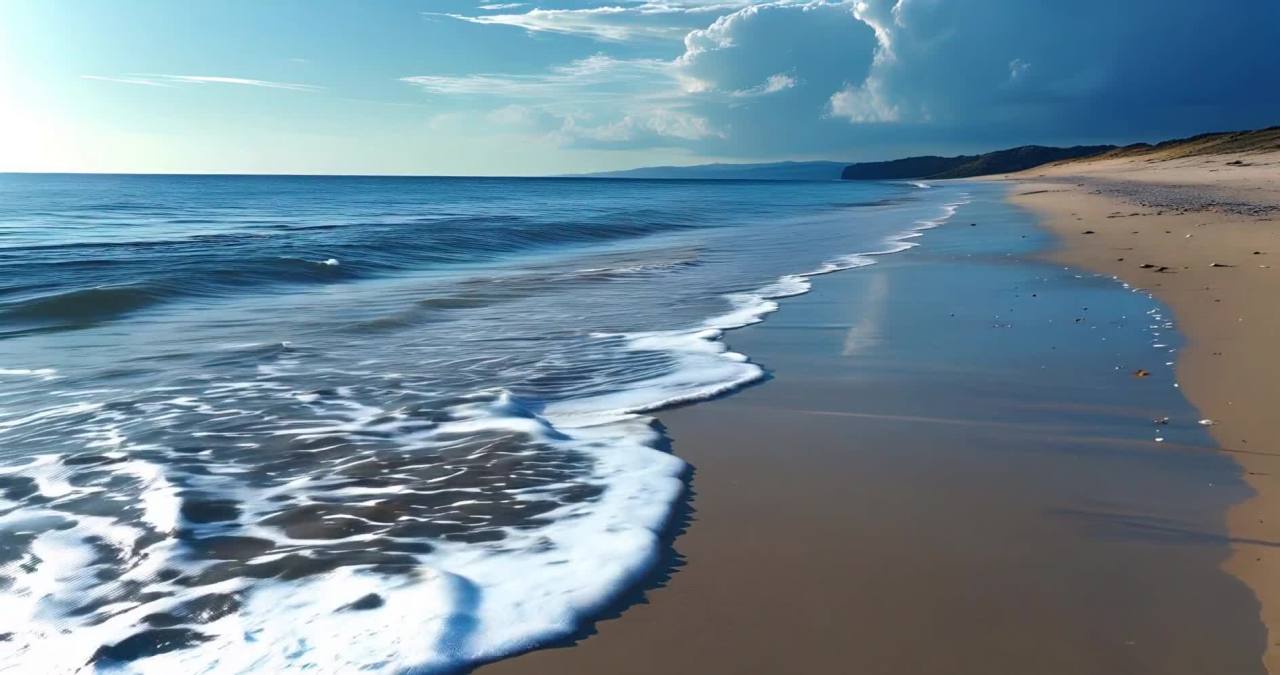 海浪拍打着沙滩。沙滩的沙子呈棕色，在天空下，海水呈