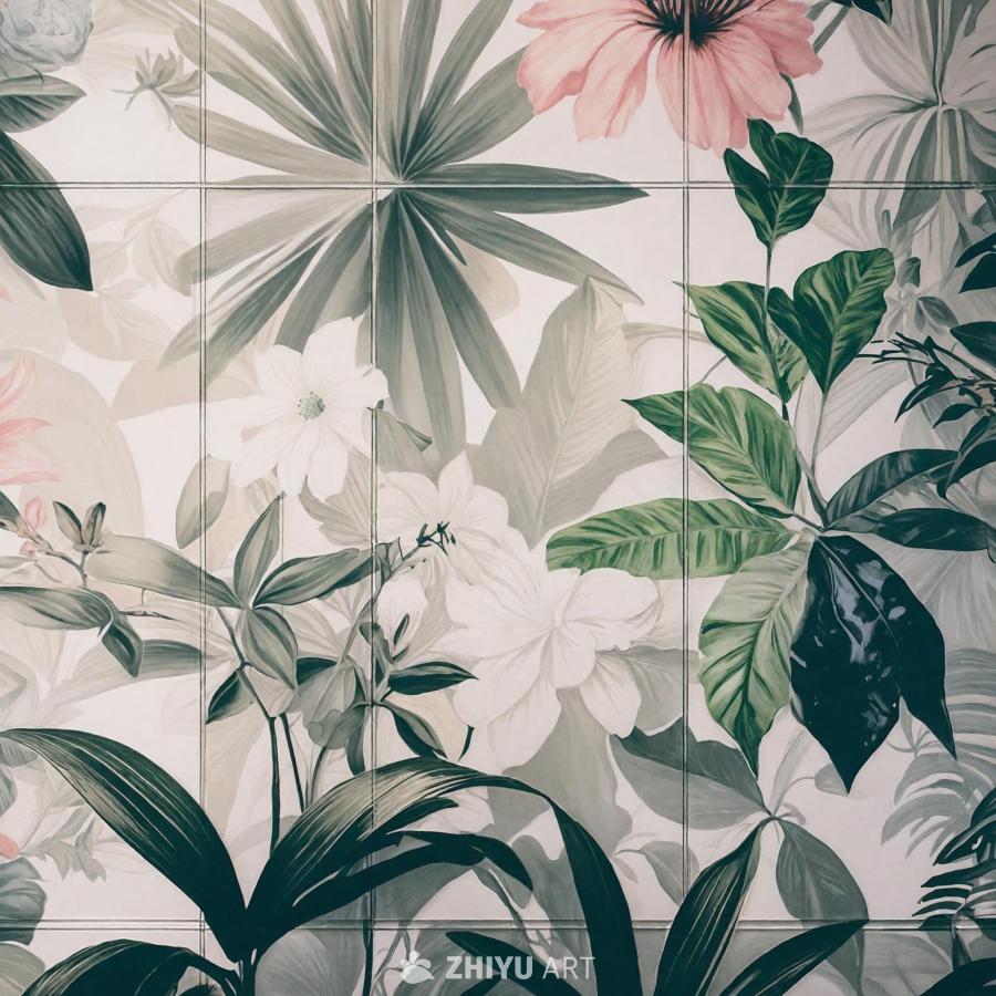 一张大型的彩色壁纸，具有鲜艳的花卉图案。壁纸主要为