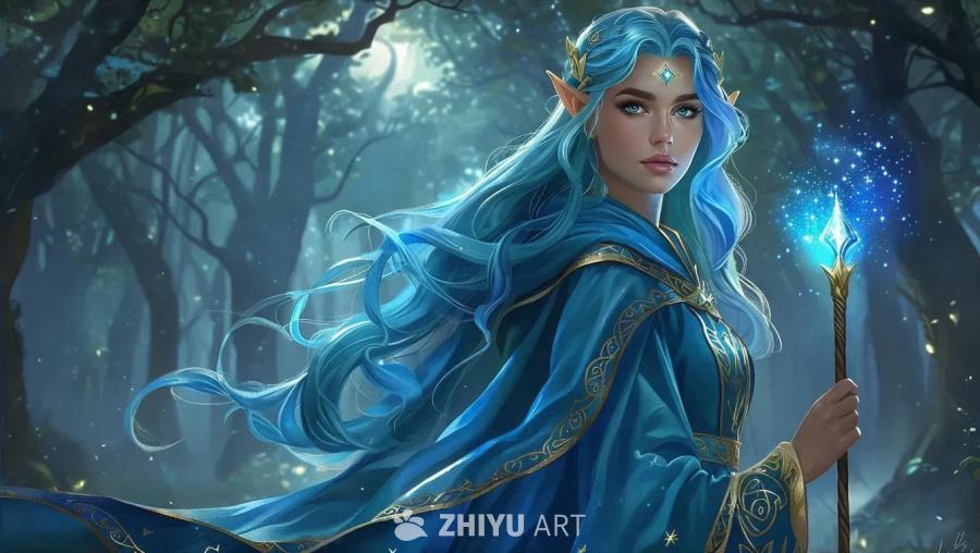 一位高精灵法师身披斗篷，有着淡蓝色的头发，准备战斗