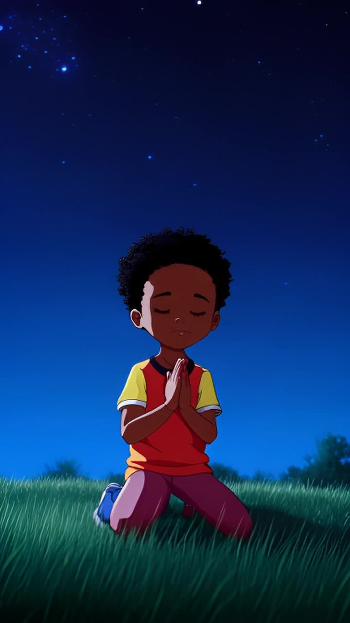 一个年轻的非裔美国动漫男孩跪在草地上，夜晚天空繁星