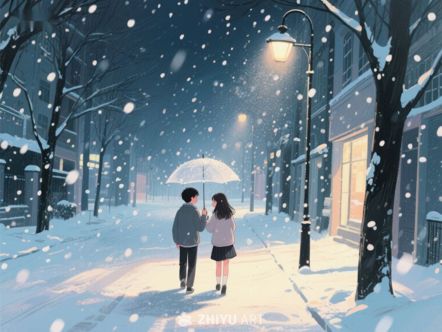 雪夜伞下漫步的情侣 978