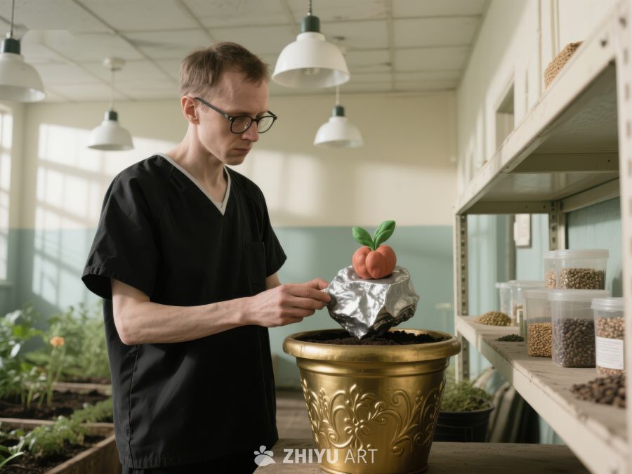 实验室中男子细心照料盆栽植物 518