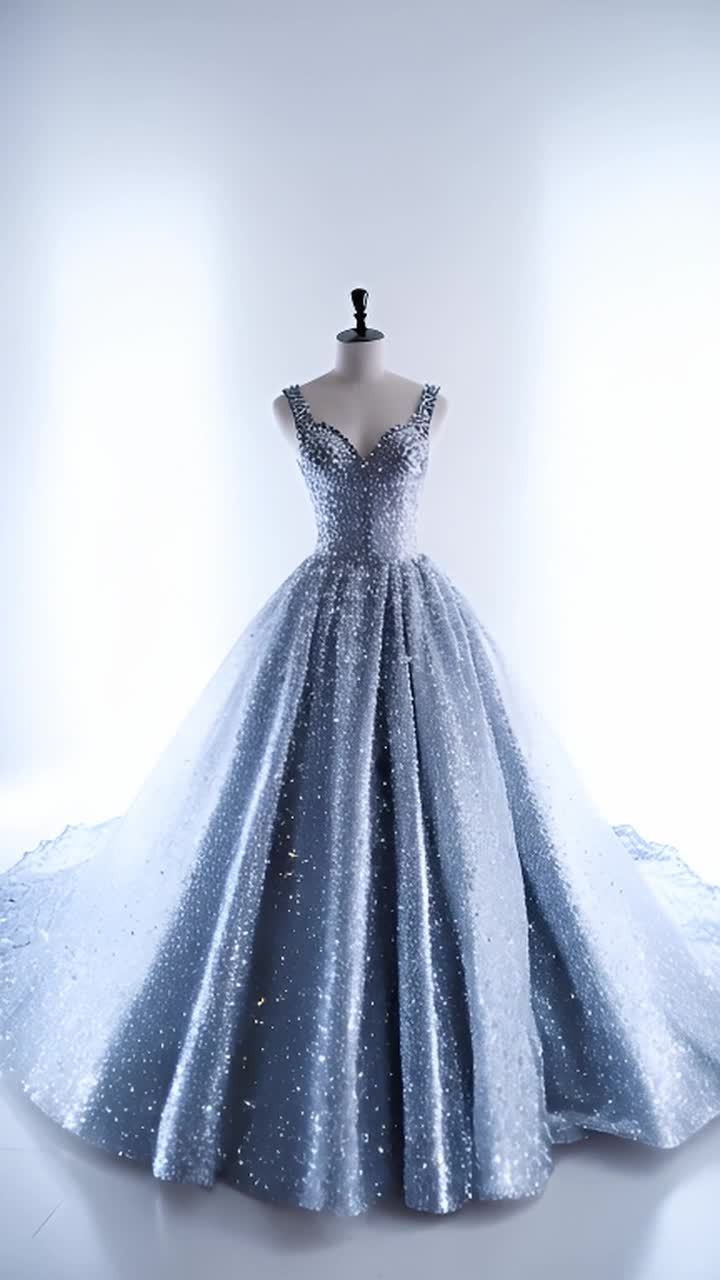 模特穿着一件缀有雪花装饰的闪亮礼服裙。裙子主体为银