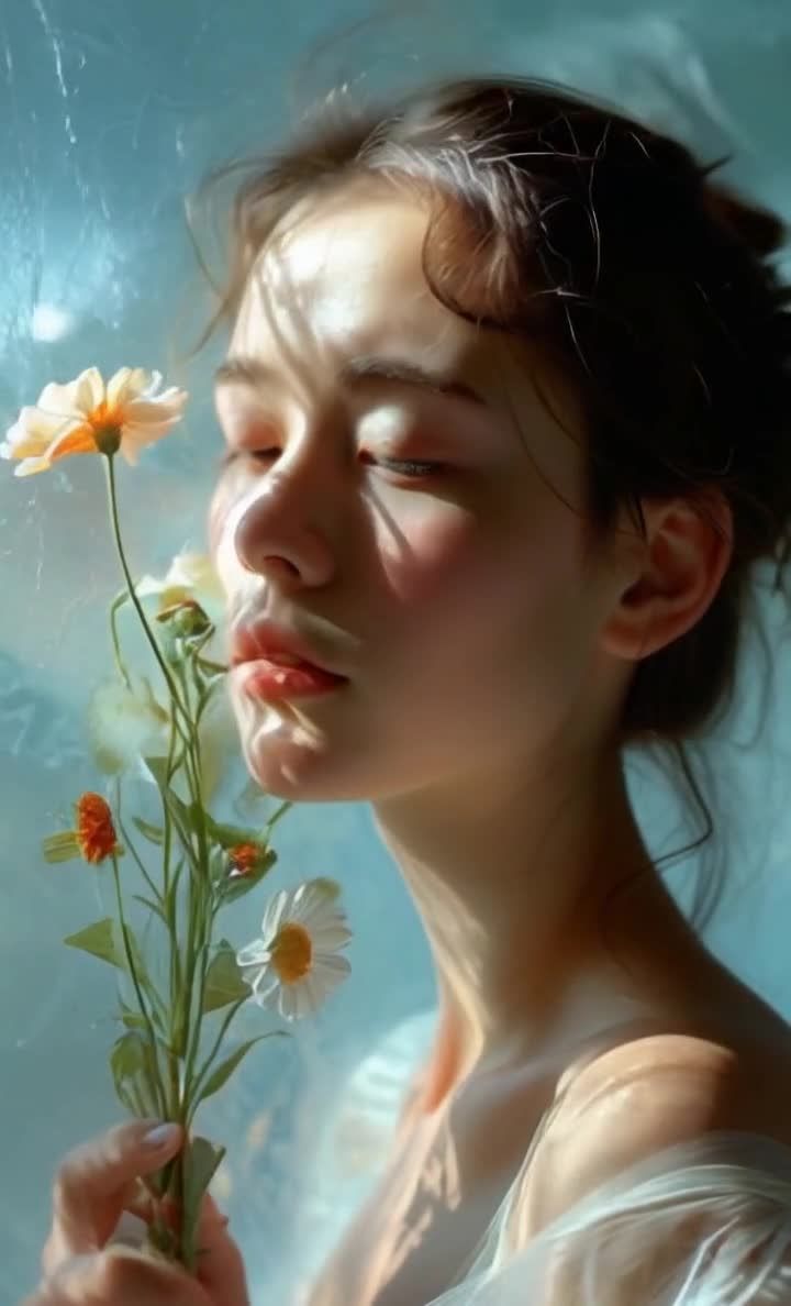 一位女子拿着一束鲜花，鲜花靠近她的鼻翼。她的眼睛闭