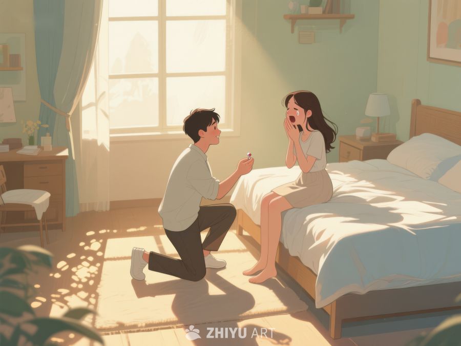 温馨求婚场景，男子单膝跪地献戒指 732