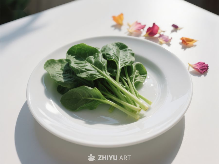 新鲜绿叶蔬菜置于白色盘中 461