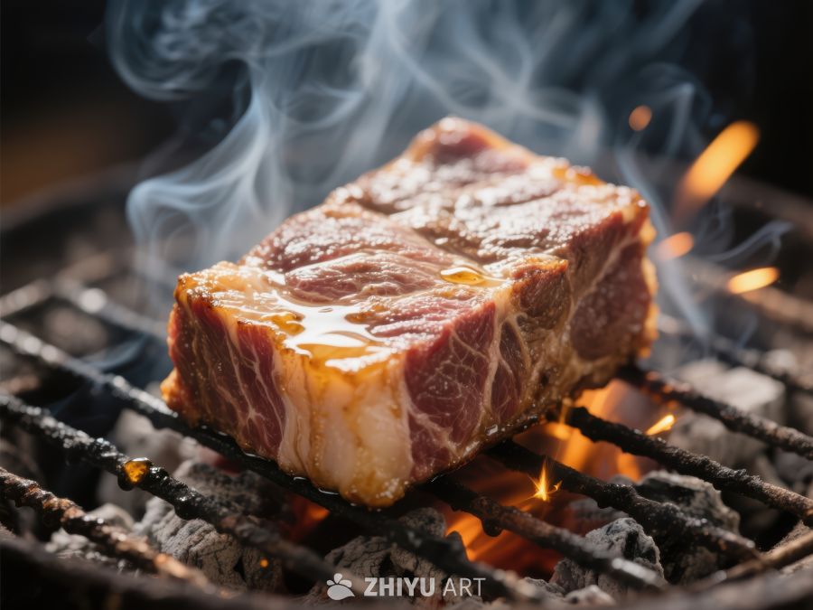 炙烤牛肉在炭火上冒烟