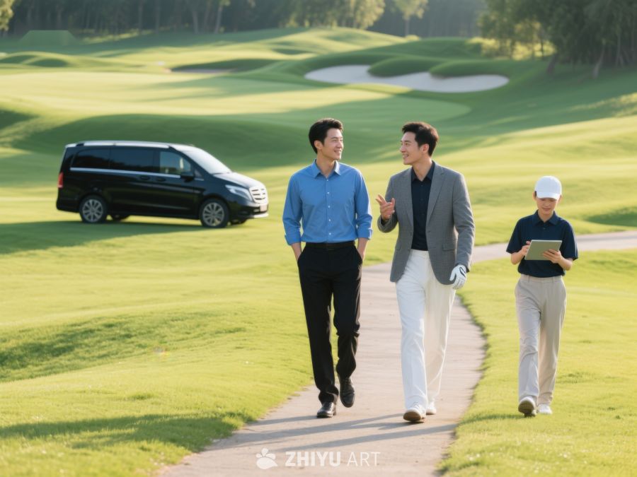 高尔夫球场上三人漫步交谈 46