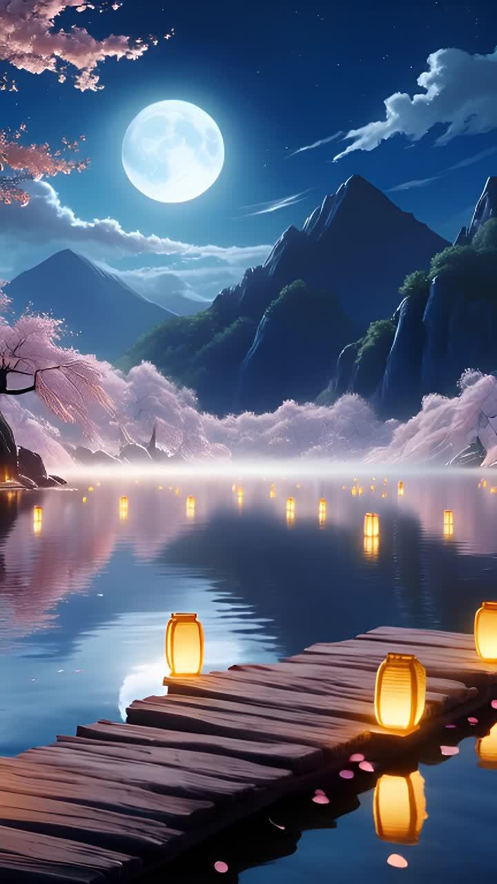 夜晚宁静的景色，木制栈道延伸至平静的水面。漂浮的灯