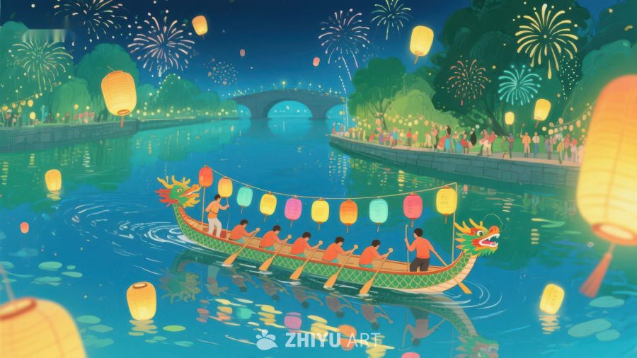 夜景龙舟赛与烟花盛宴 415