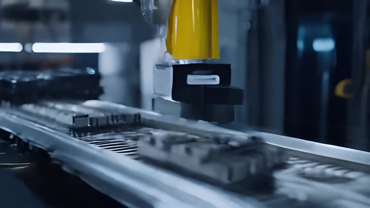 一个黄色机械臂在一个高科技工厂里，正在传送带上组装