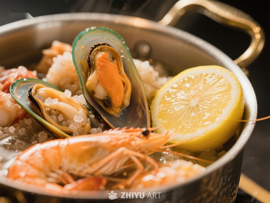 海鲜锅中的贻贝、虾和柠檬 127