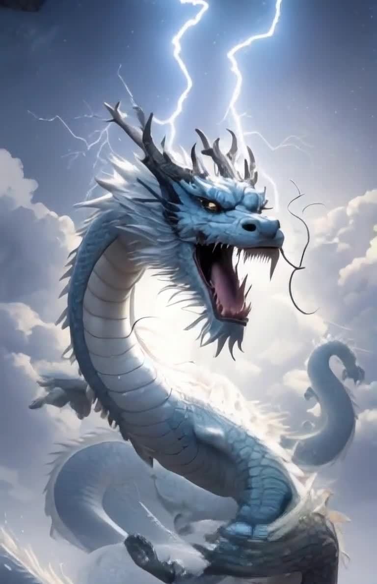 雷电交加巨龙腾跃，水面风起云涌气势磅礴。