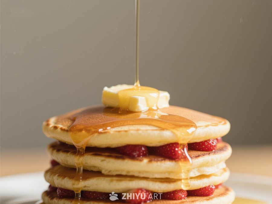 蜂蜜淋在草莓堆叠煎饼上