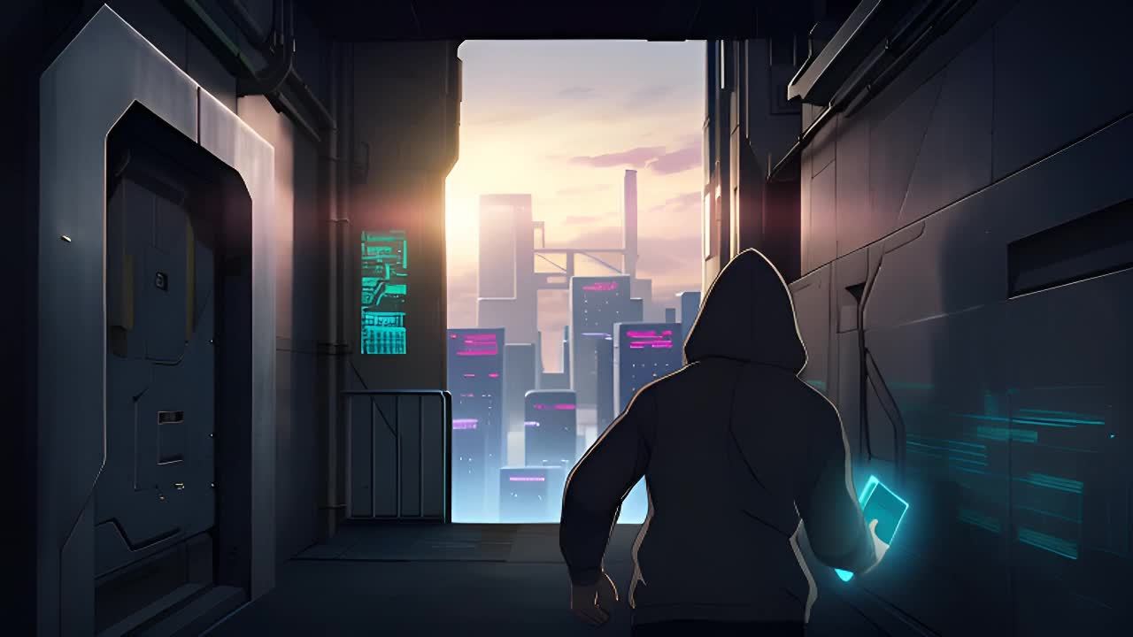 在日落的温暖光线下，一个戴着兜帽的人影谨慎地穿过一