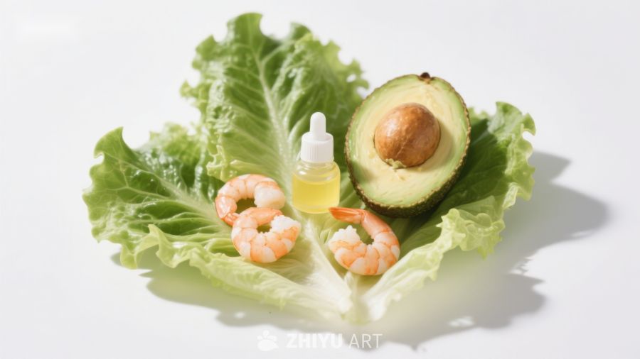 生菜上的虾仁牛油果与精油