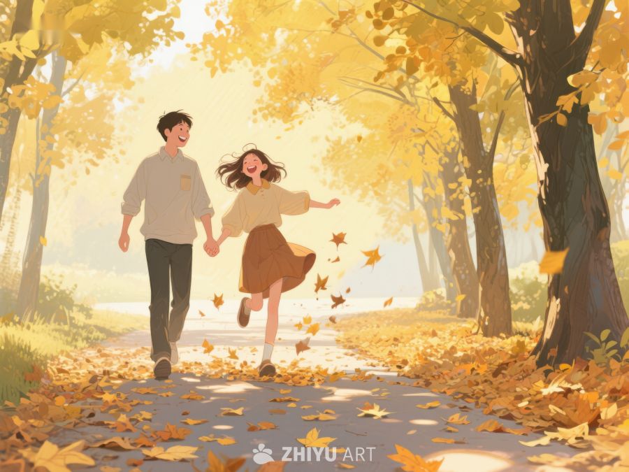 秋日林间漫步的恋人 568