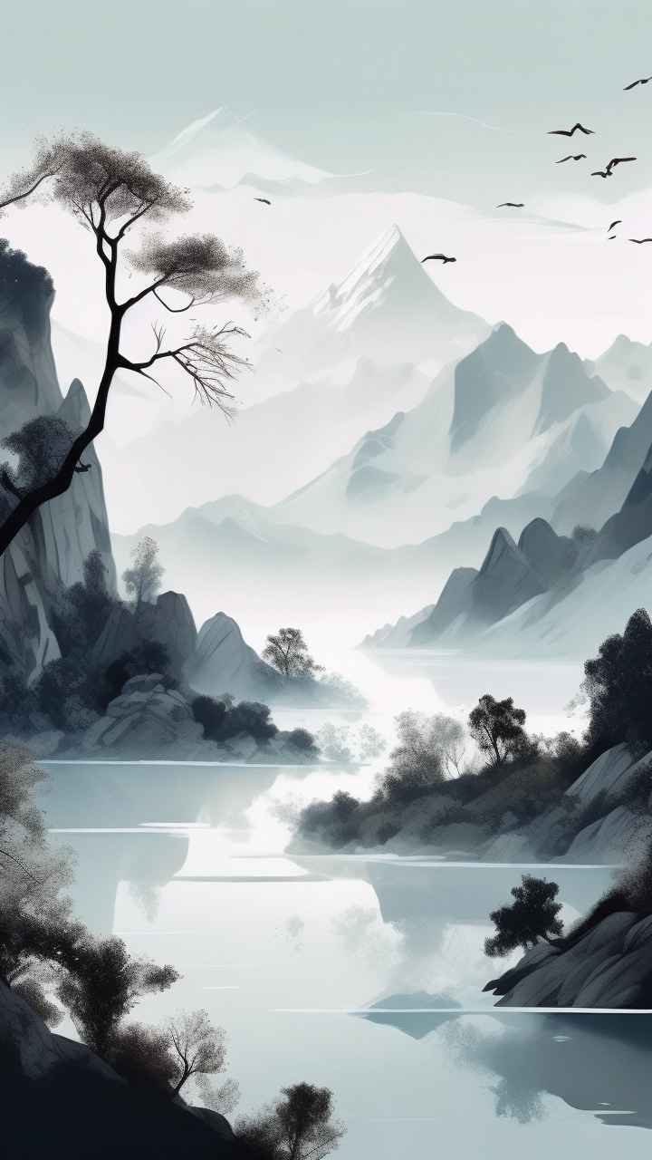 国风水彩画山水风景插画 117