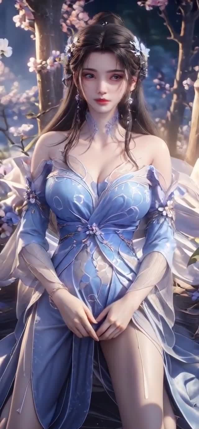 花树下蓝裙少女静坐梦幻仙境