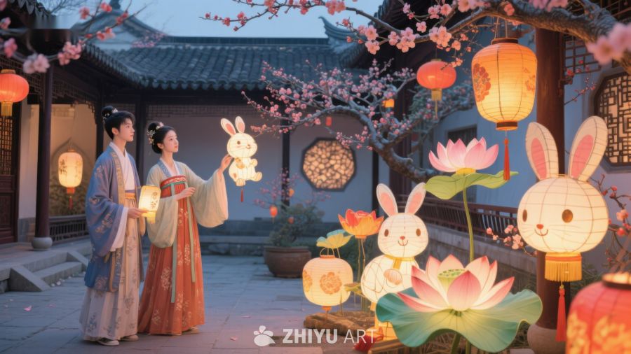 古风庭院夜景，灯笼与花灯点缀 237