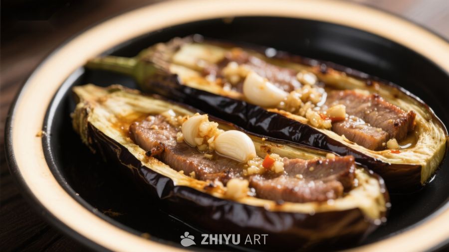 烤茄子配蒜蓉肉片