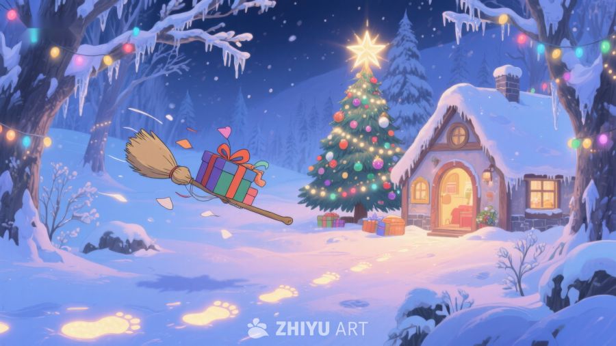 雪夜圣诞树与小屋 409