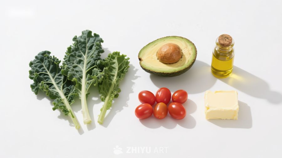 健康食材组合：羽衣甘蓝、牛油果、樱桃番茄等