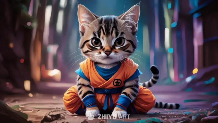 一只虎斑猫蹲坐在地上，它穿着橙色和蓝色的服装，服装