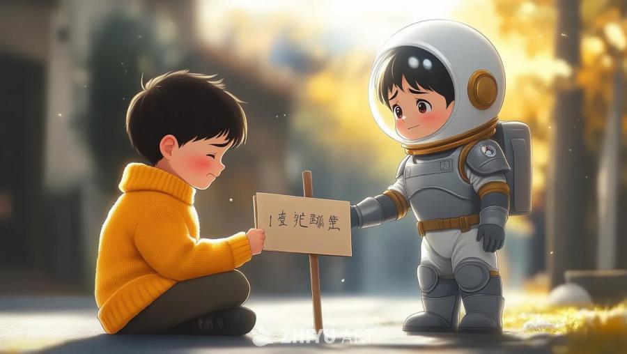 一个穿着黄色毛衣的小男孩坐在地上，他低着头，表情看