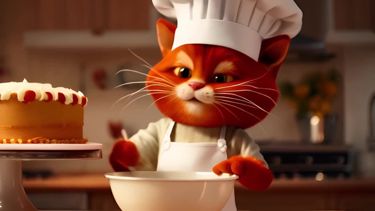 一只红色的猫戴着白色厨师帽和围裙，在一个厨房里。猫