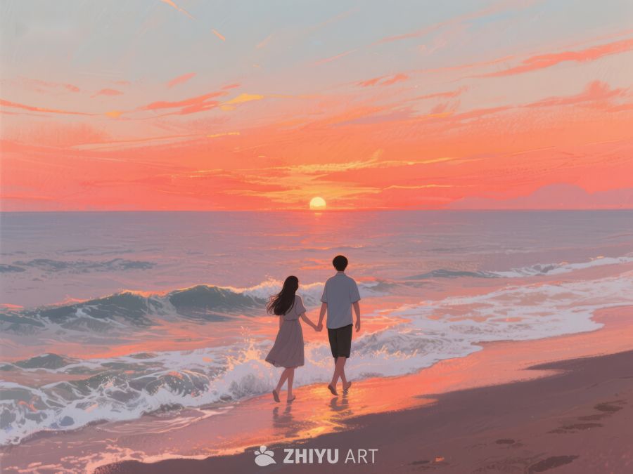 情侣海边漫步，夕阳映照浪漫时刻 502