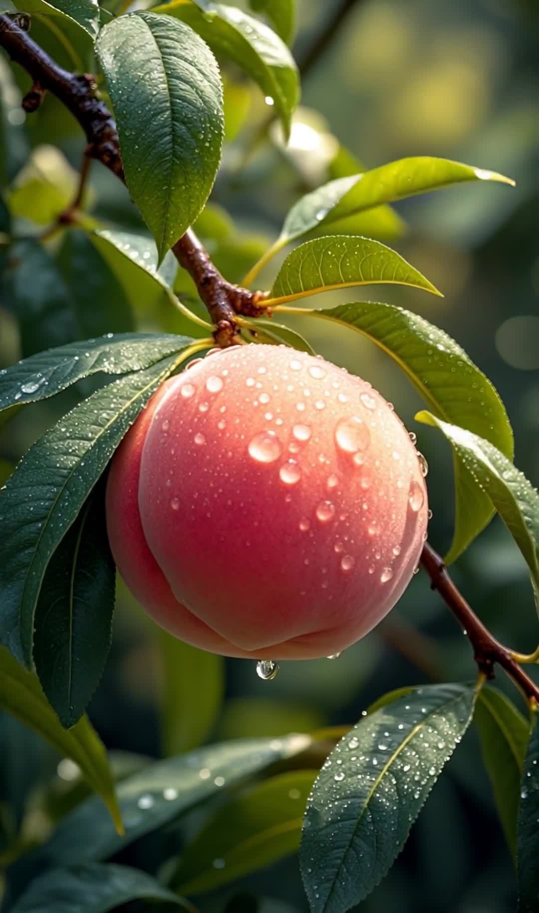 雨滴晶莹，枝头红润水蜜桃，生机勃勃的画面