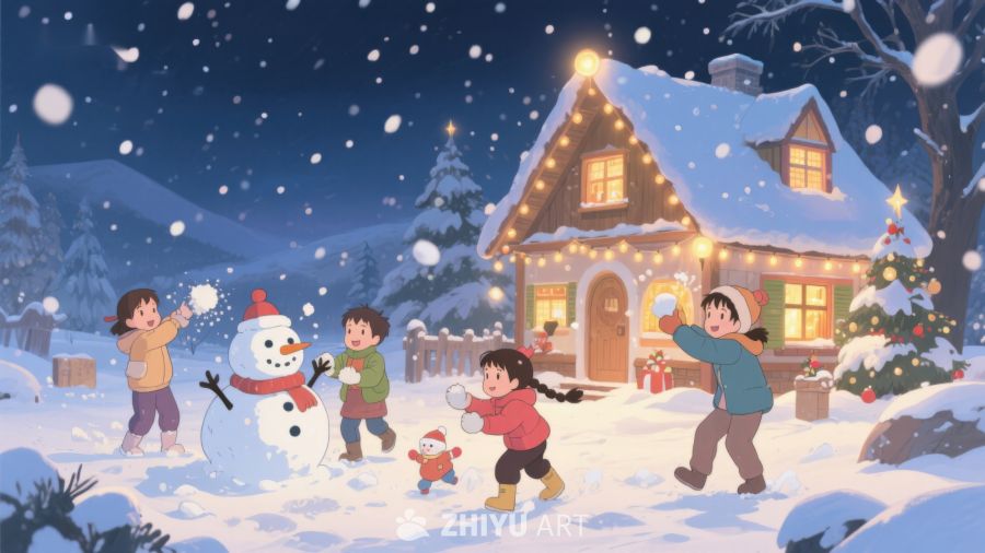 冬夜雪景中孩子们的欢乐时光 117