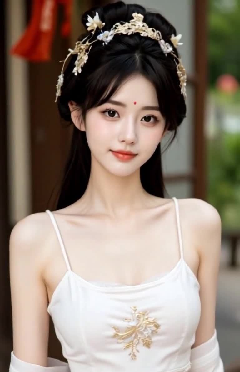 戴花发饰的古典美女，身着吊带微笑注视镜头。