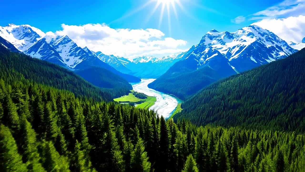 一个宁静的山谷的全景，河流蜿蜒穿过景观，反射出充满