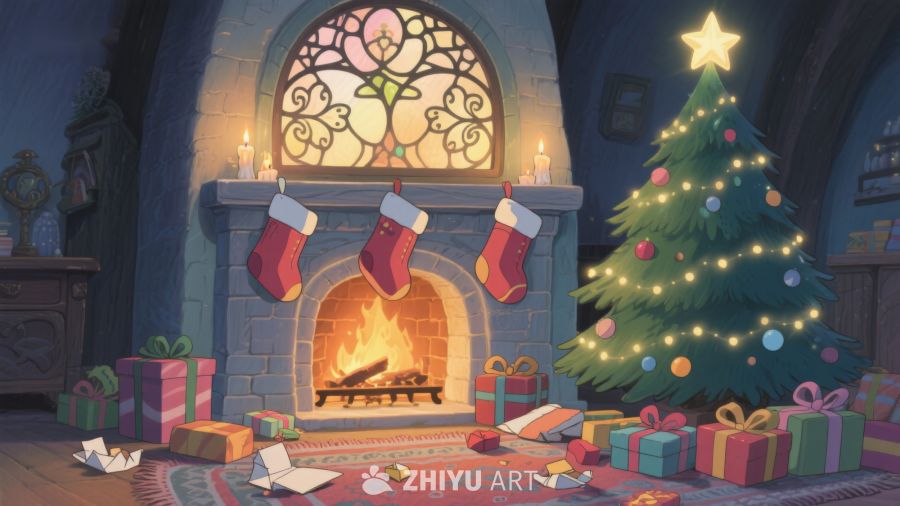 温馨圣诞夜，壁炉旁的礼物与树 283