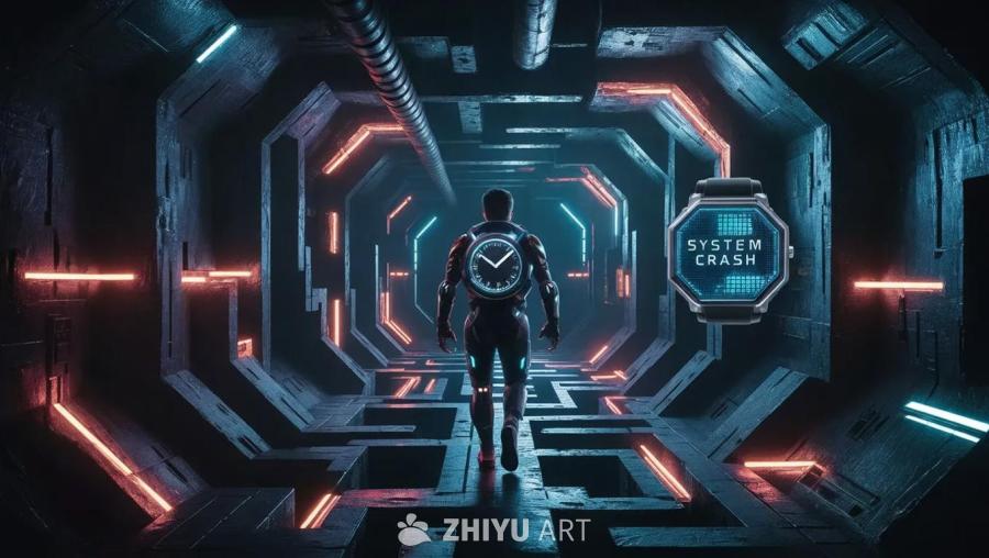 一个人站在黑暗的高科技地下洞穴系统中。洞穴系统由霓