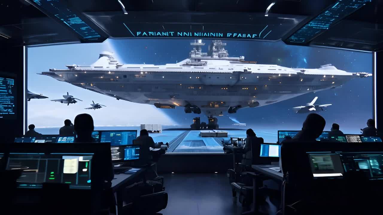 巨型空天母舰悬浮在空中，周围有战机飞行。母舰下方有