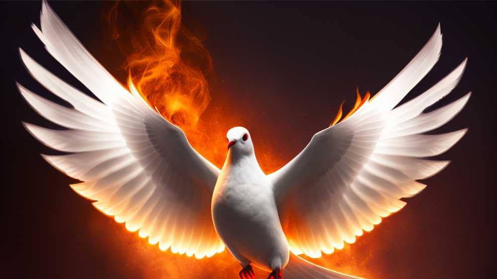 白色鸽子飞行与火在翅膀后面