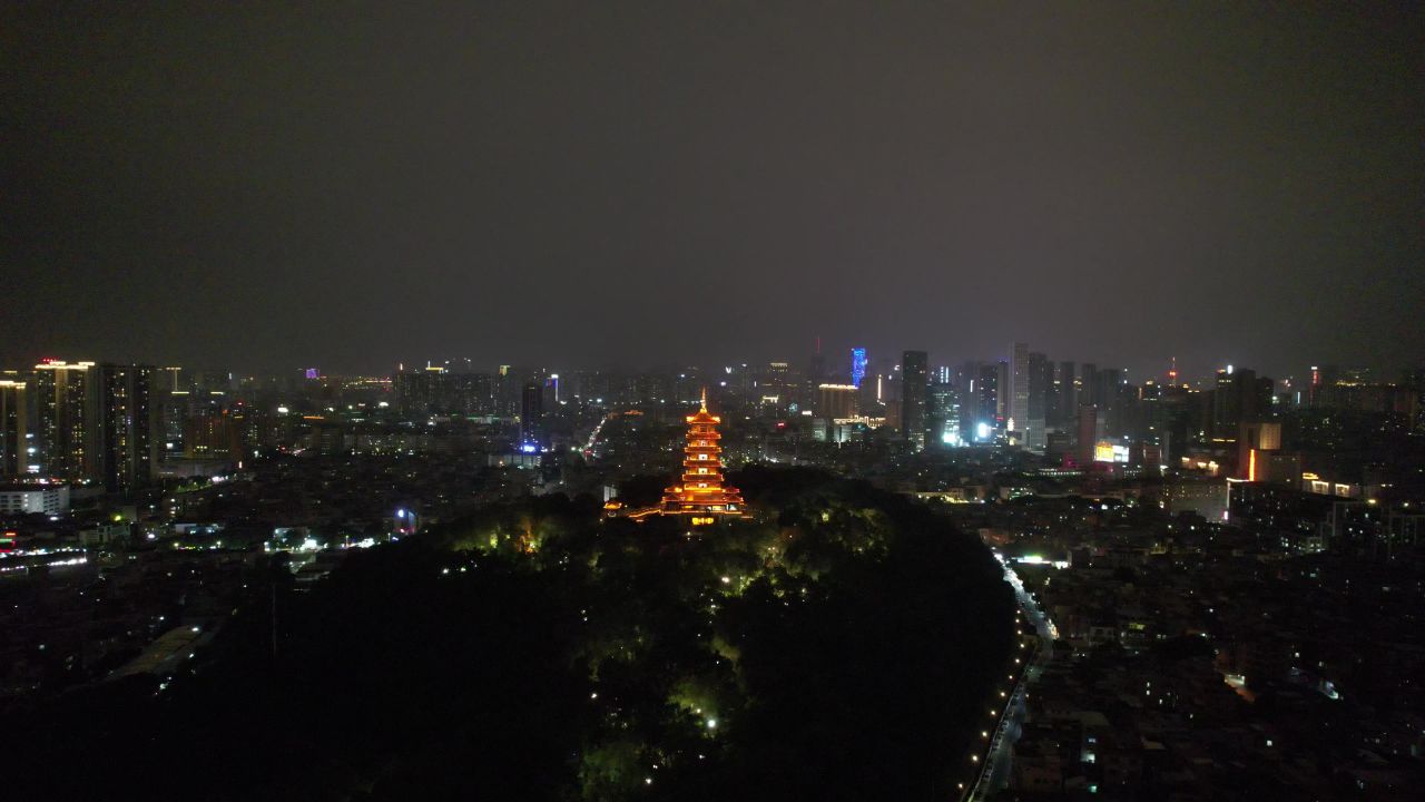 广东佛山夜景魁星阁地标建筑航拍 