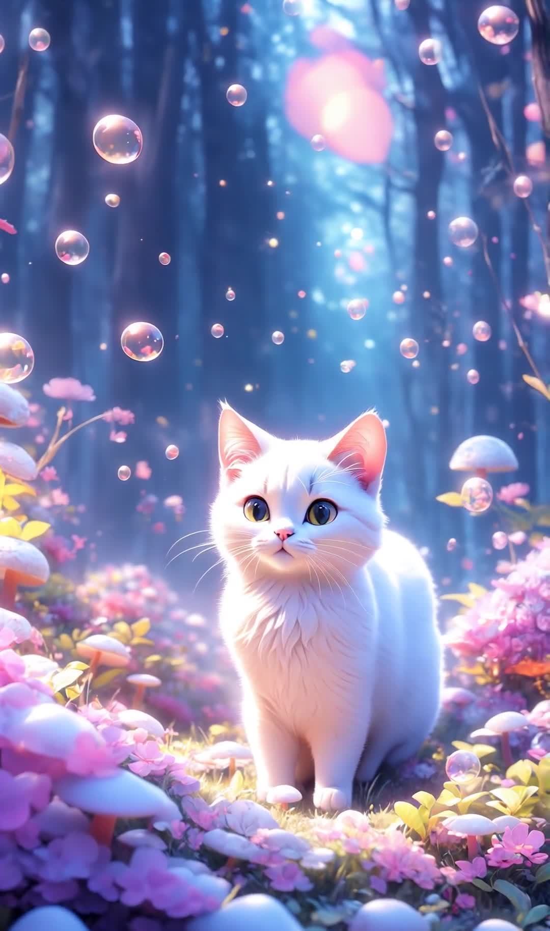 梦幻森林，白猫凝视，泡泡与花蘑菇交织。