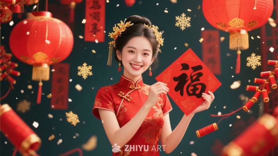 女子身着红色旗袍手持福字庆祝节日 702