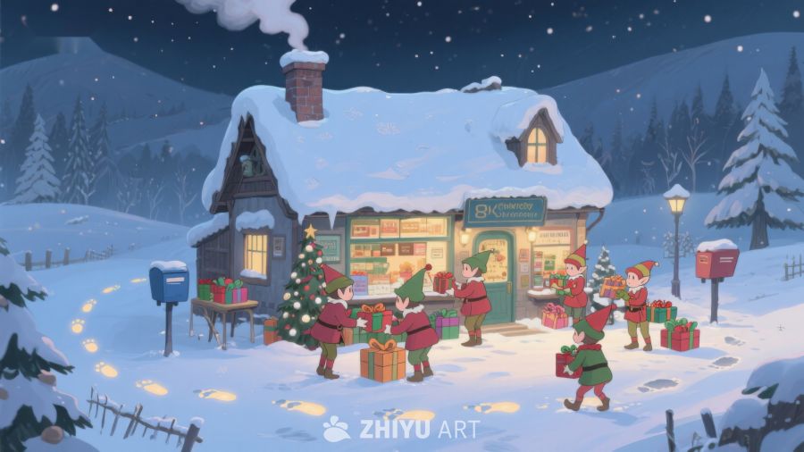 雪夜小屋前的节日礼物分发 332