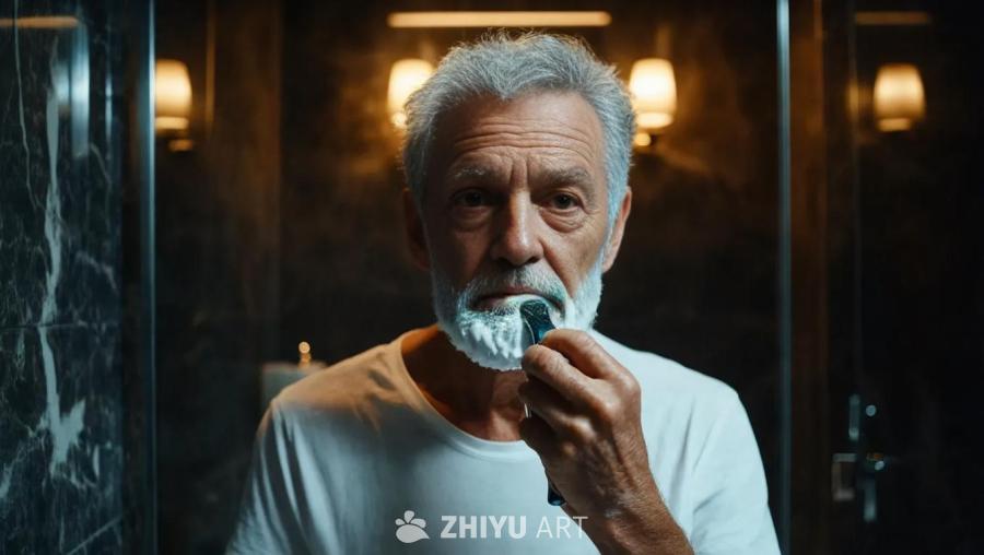 一位75岁左右的瘦削男子，灰白的头发很多，身穿白色
