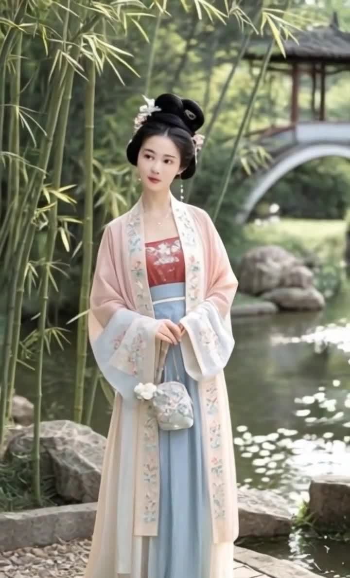 一位身着淡雅古装的女子站在竹林中，面带微笑，手持绣