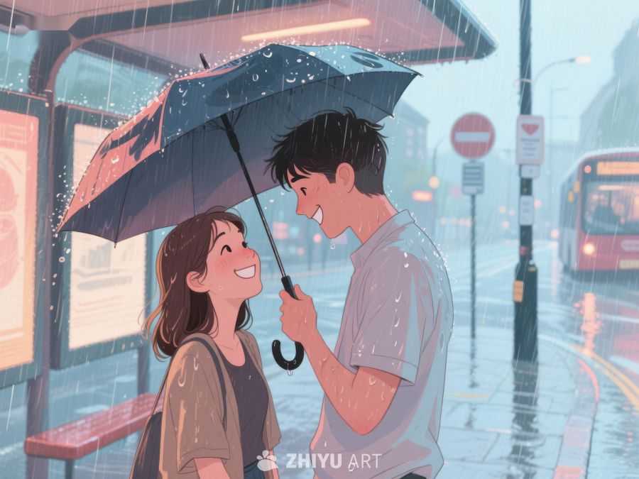 雨中情侣共享伞下温馨时刻 1173